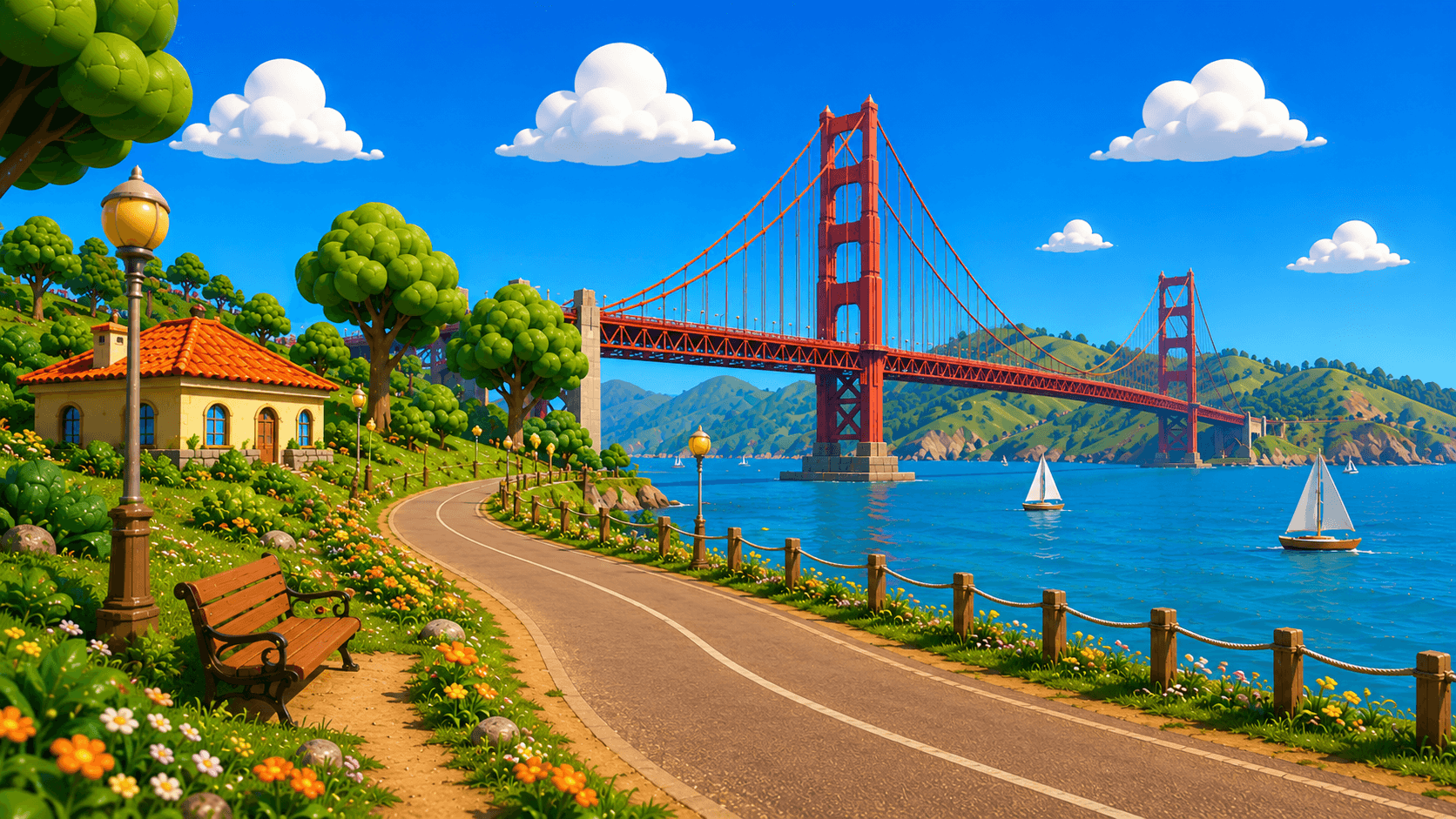 Illustrated San Francisco bay with the Golden Gate Bridge